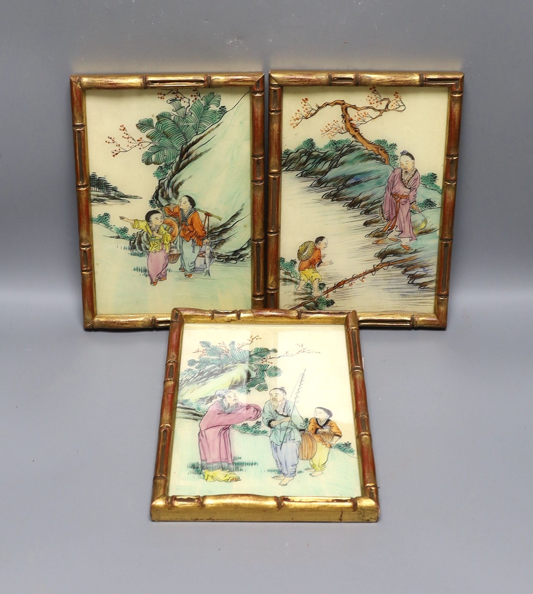 A group of three Chinese paintings, bamboo effect frames 23x16cm